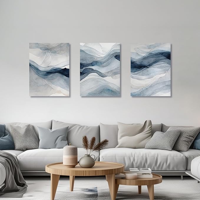 IAFWZX Framed Blue Gray Abstract Wall Art, Modern Minimalist Waves Wall Decor - Image 2
