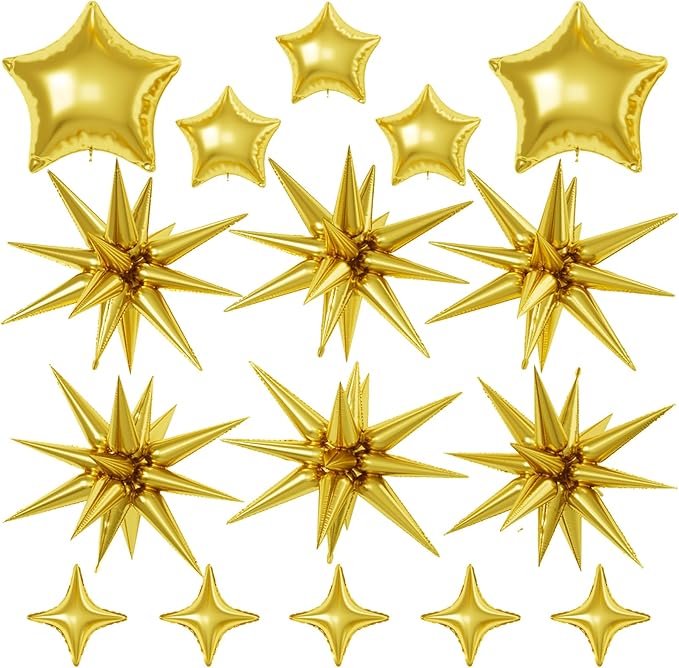 16 Pcs Gold Star Balloons, 22/18/10 Inch Foil Balloons, Four-Pointed Balloon by Sowide