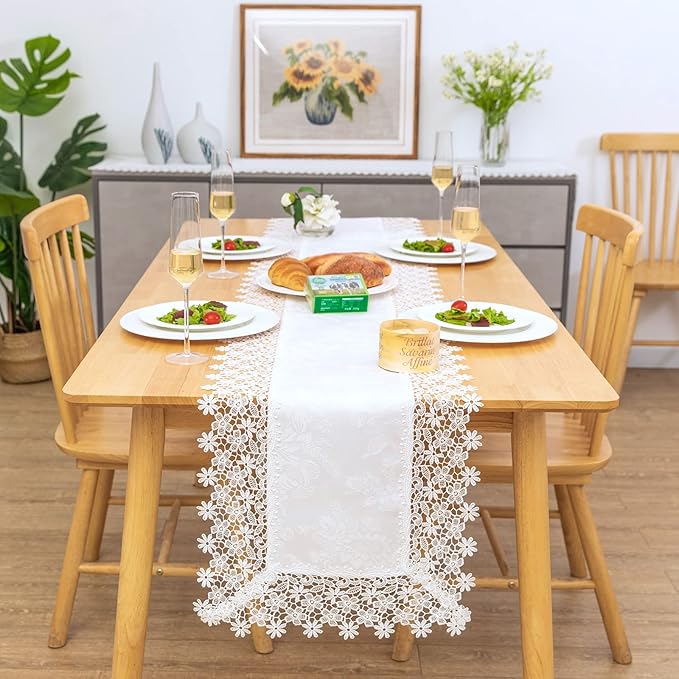 White lace Premium Rectangle Farmhouse Table Runner Waterproof OilProof by BrekSdat