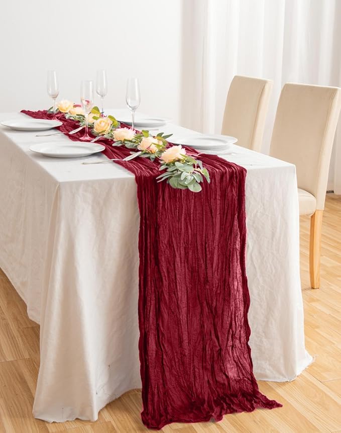 8 Pack 10Ft Table Runner 35x120 inch Burgundy Boho Gauze Table Cheese Cloth - Image 5