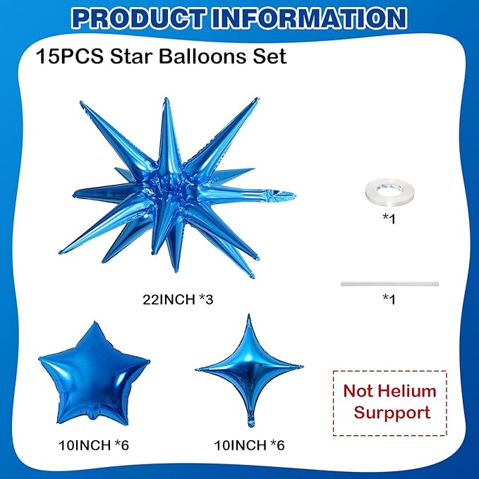 Blue Star Balloons, 22in Large Star Balloons Foil 10in 4-Pointed & Blue - Image 2
