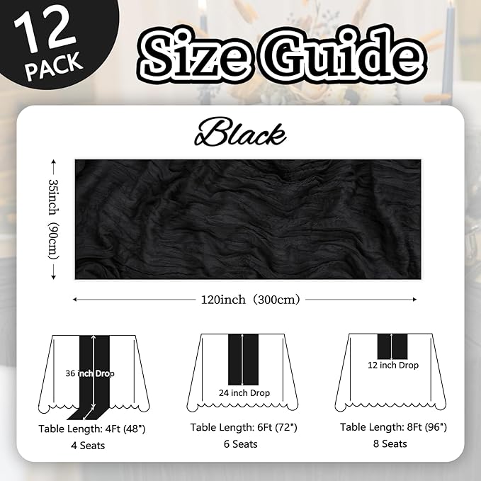 12 Pack Halloween Table Runner Black Cheesecloth 10ft Boho Gauze Fabric Cheese - Image 2