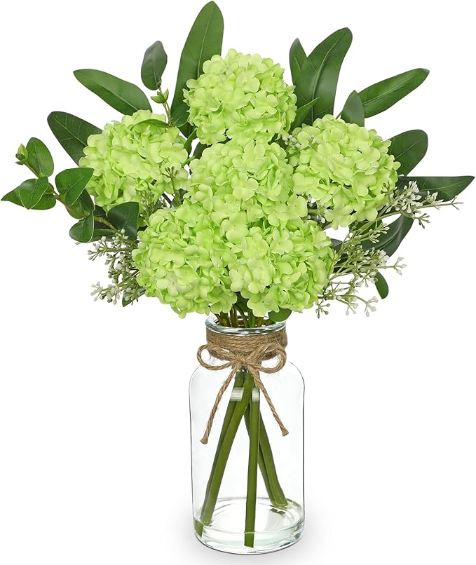 Hollyone Green Hydrangea Artificial Flowers in Clear Glass Vase by Hollyone