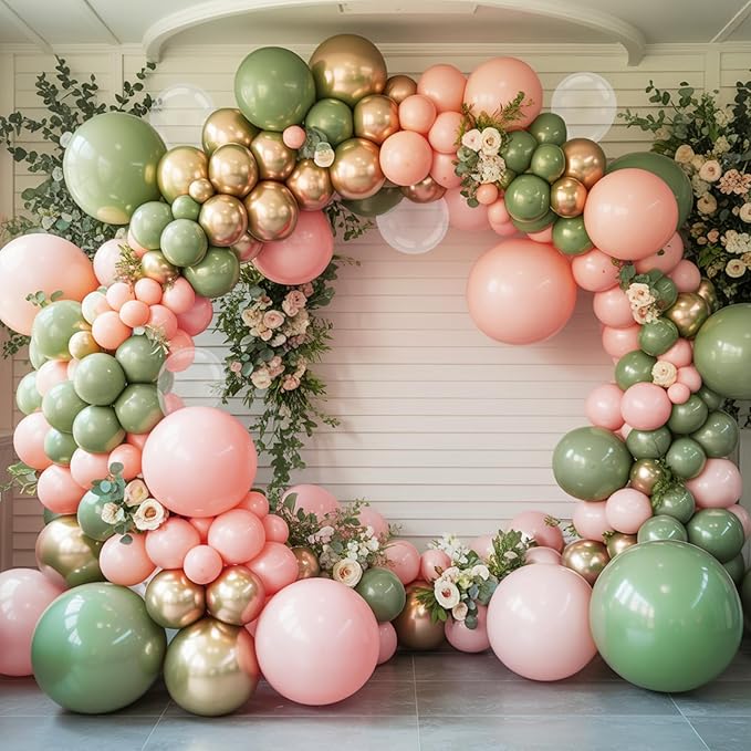 Retro Sage Green and Pink Balloons, 12 inch Metallic Gold Olive Green Pink - Image 5