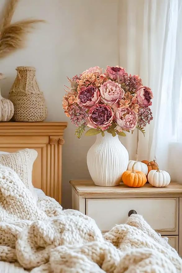 Hollyone 2Pcs Artificial Fall Flowers Bouquet 18.8" Pink Dried Peony Hydrangea - Image 5