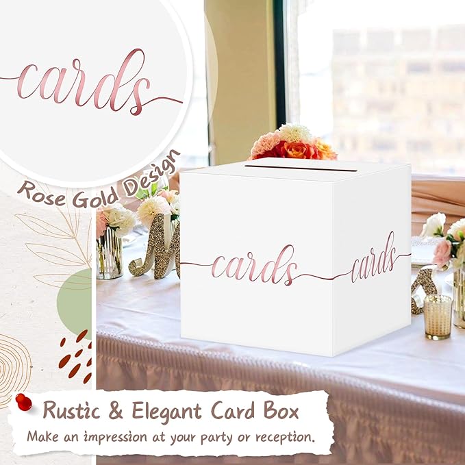 QIKSION White Wedding Card Box, Rose Gold Foil Gift Card Box - Image 3