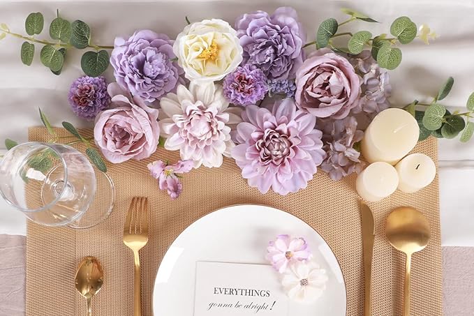 Floweroyal Artificial Flowers Combo Purple Flowers Mix Silk Flowers Dahlia Roses - Image 3