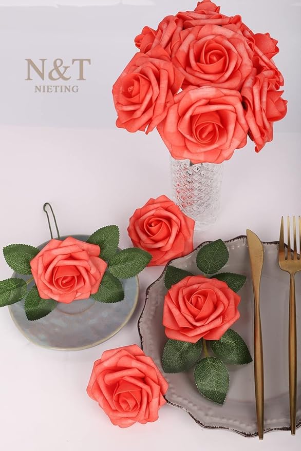 N&T NIETING Artificial Flowers 25pcs Real Looking Coral Foam Fake Roses - Image 3
