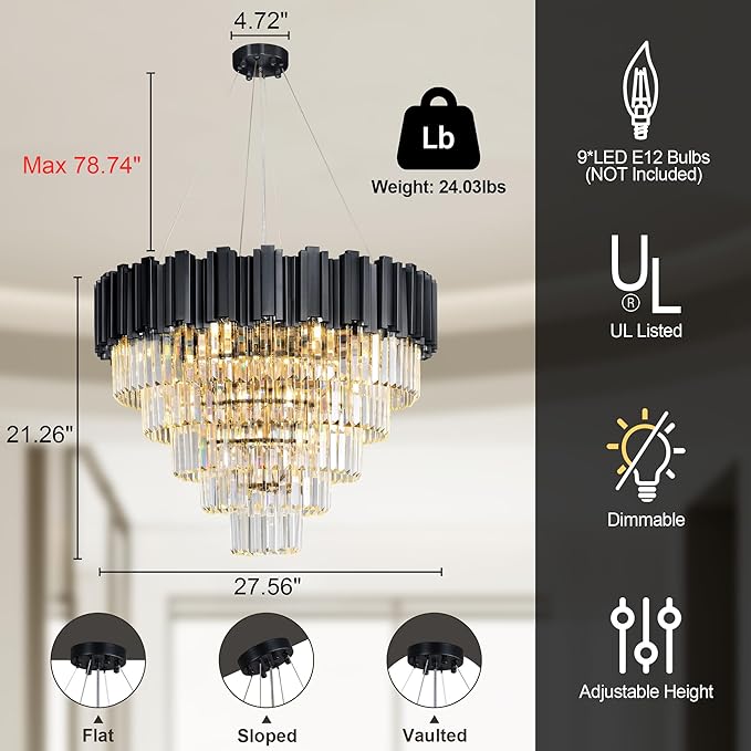 27.5" Black Crystal Chandelier, 9-Light Modern Luxury Round Chandelier - Image 3