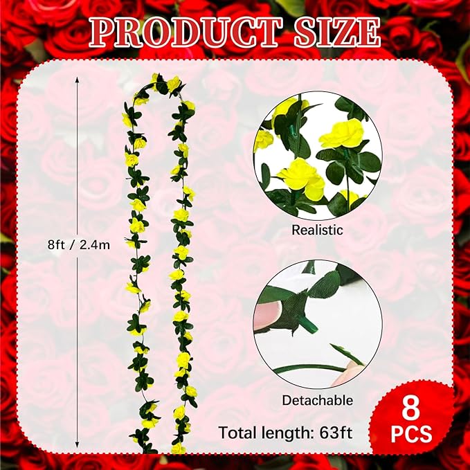 16Pcs 126Ft Yellow Rose Garland, Fake Rose Hanging Flowers, Artificial Flower - Image 2