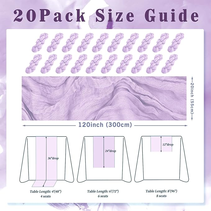 20 Pack Lilac Cheesecloth Table Runner 10FT Rustic Gauze Cheese Cloth Table - Image 2