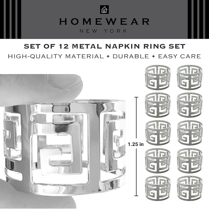 Shiny Silver Napkin Rings Set of 12, Greek Key Round, Modern Cuff Design - Image 2