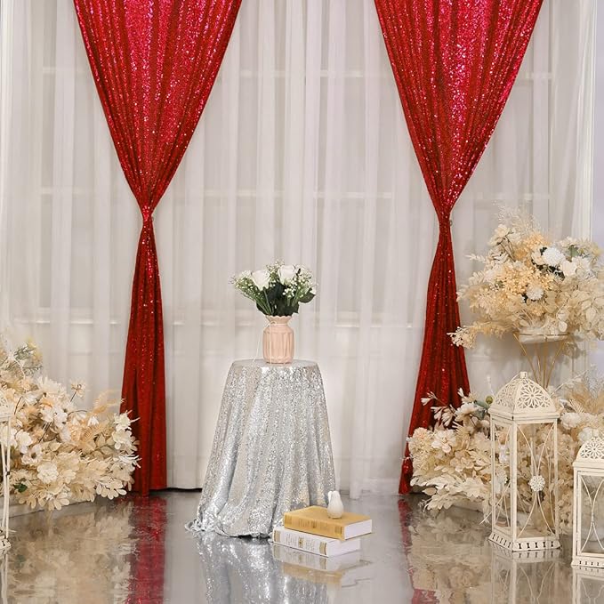 Poise3EHome 2Pcs 3Ft x 8Ft Red Sequin Backdrop Curtain - Image 2