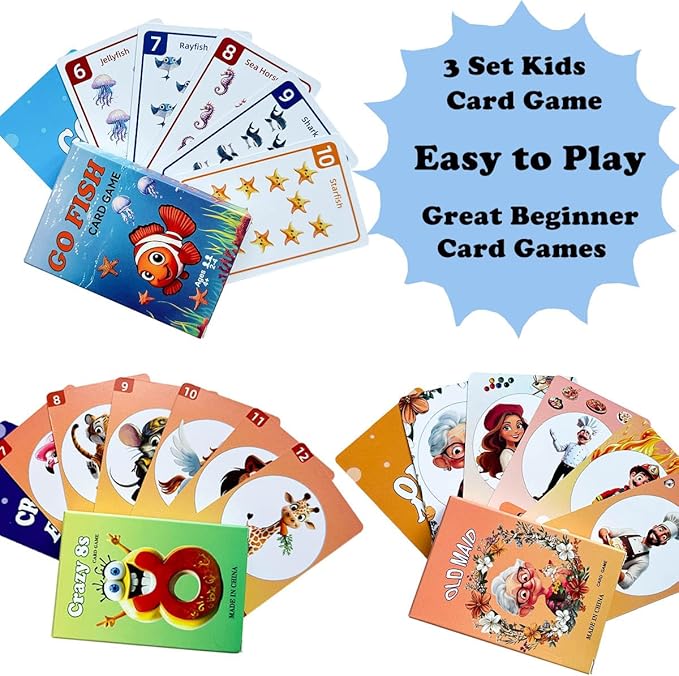Card Games for Kids, Old Maid, Go Fish and Crazy 8's, 3 Decks, Fun Family - Image 5
