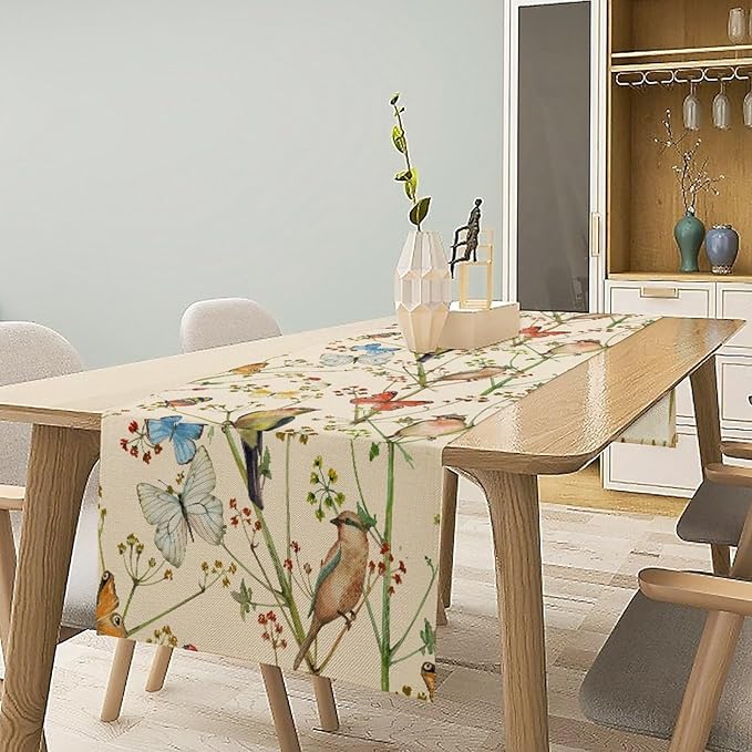 Brown Bird Floral Table Runner Spring Flower Kitchen Table Decoration Suitable - Image 3