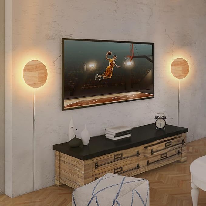 Modern Minimalist Plug in Wall Sconces, Plug-in Or Cordless 11.8'' Round Wood - Image 3