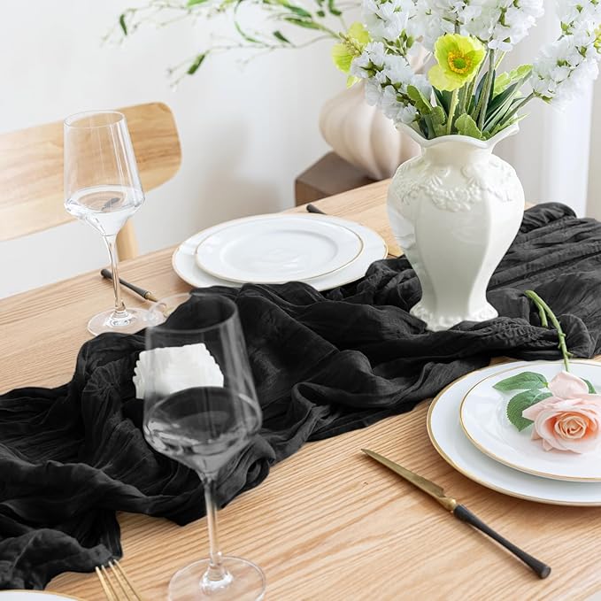 Asee'm 2pcs Cheesecloth Table Runner 120 Inches Long Black Boho Gauze Cheese - Image 5