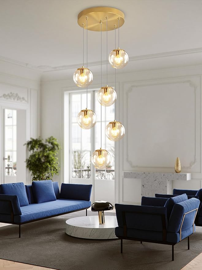 H 87in Modern Glass Globe Chandelier 6-Lights Pendant Light - Image 5