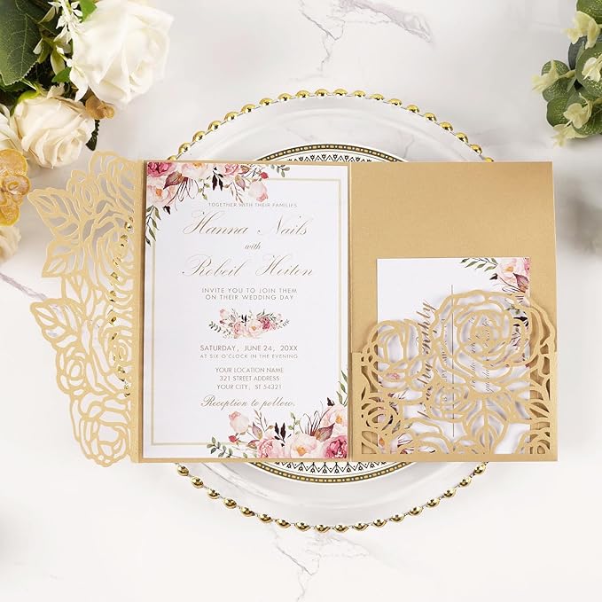 50pcs Gold Laser Cut Wedding Invitations Card Pocket by Maffily
