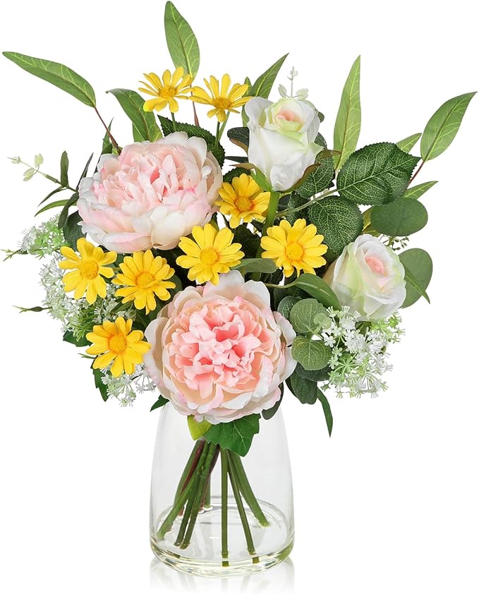 Briful Artificial Flowers in Vase, Mixed White Rose Pink Peony Yellow Daisy and by Briful