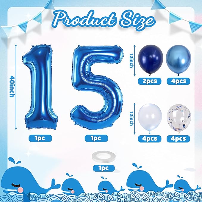 15th Birthday Balloon for Boys, Foil 40 Inch Self Inflating Number 15 Metallic - Image 2