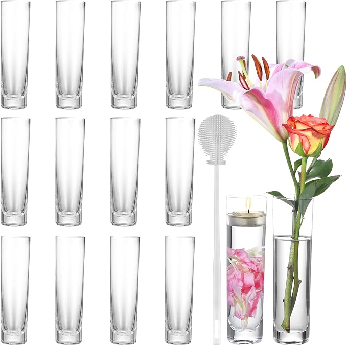 Glass Cylinder Vases for Centerpieces – Set of 16 Handmade Clear Flower Vase by AJARAERA
