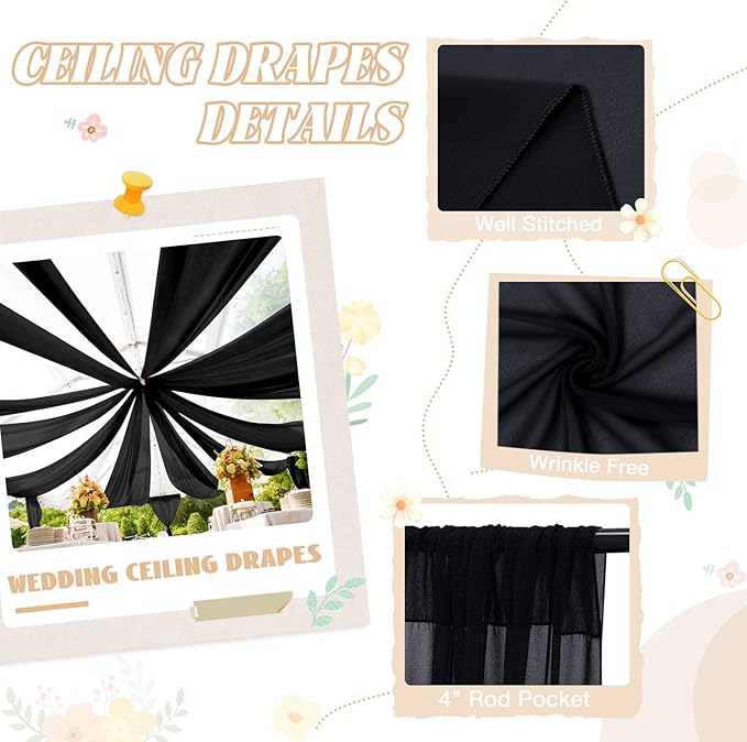 FUHSY Ceiling Drapes Black Wedding Arch Draping Fabric 5FTx20FT Chiffon - Image 2