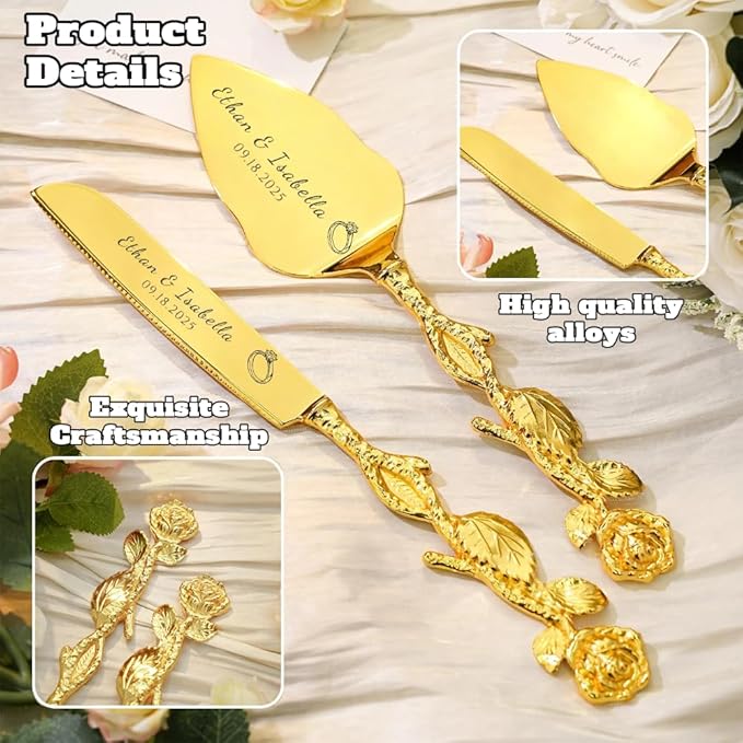 Engraved Personalized Gold Wedding Cake Knife and Server Set - Image 4