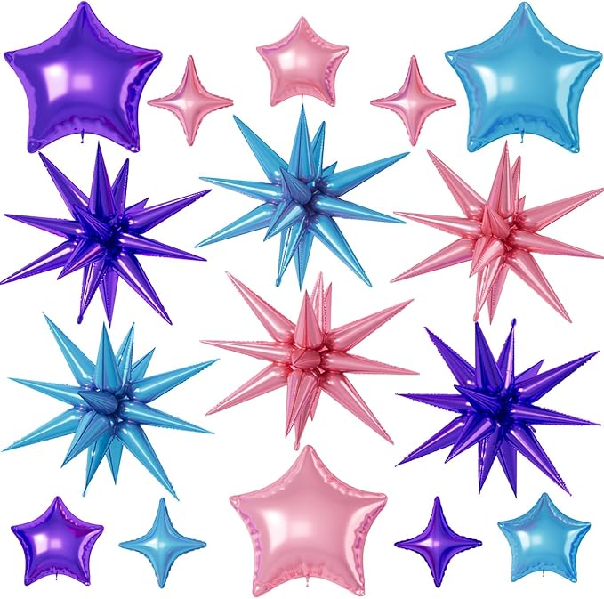 16 Pcs Pink Purple Blue Star Balloons, 22/18/10 Inch Foil Balloons, by Sowide