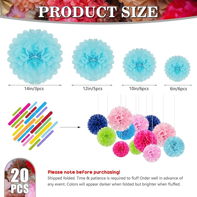 Tissue Paper Pom Poms, Light Blue Tissue Paper Flowers, Hanging Flower Balls - Image 2