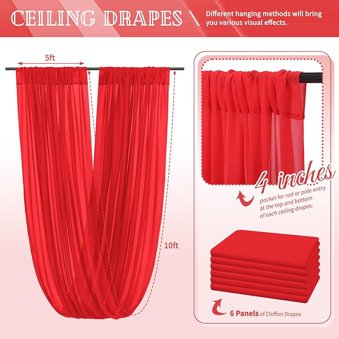 6 Panels Red Ceiling Drapes for Wedding 5ftx10ft Chiffon Fabric Arch Draping - Image 2