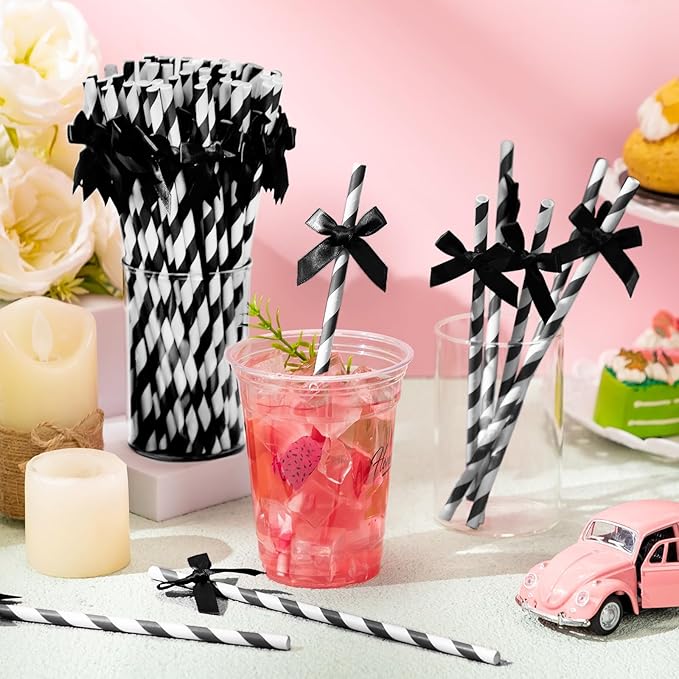 100 Pcs Black Bow Paper Straws for Drinking - Image 4