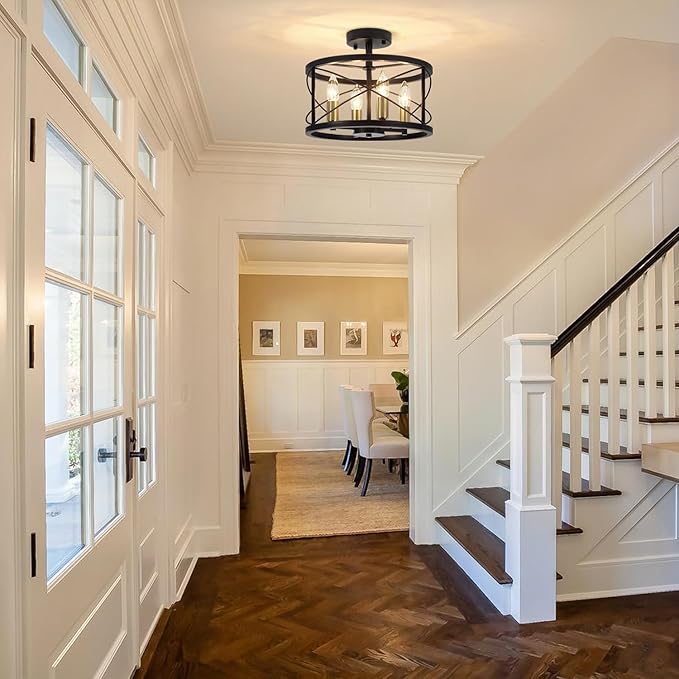 Black and Brushed Gold Semi Flush Mount Ceiling Light, Farmhouse Modern Light - Image 2