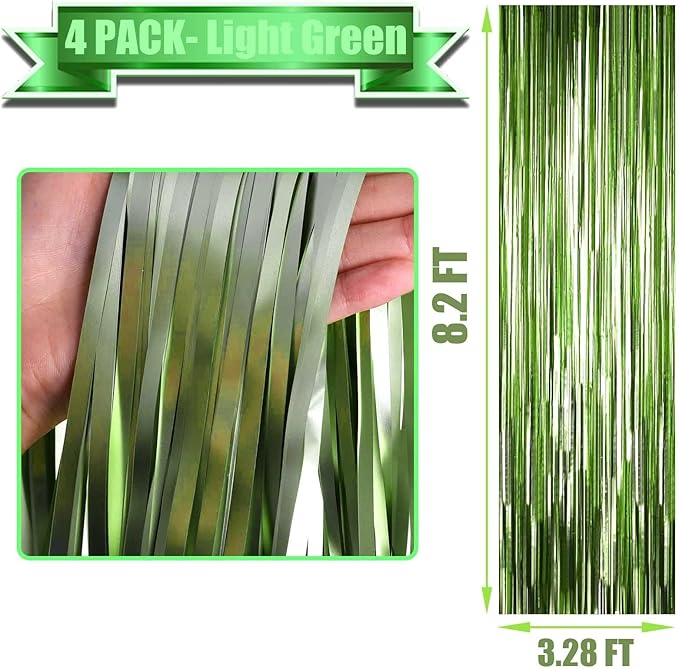 4 Pack Light Green Foil Fringe Curtain Backdrop, 3.28Ft x 8.2Ft Metallic Tinsel - Image 2