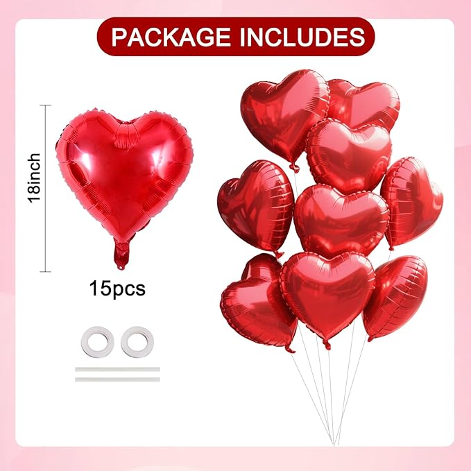 TONIFUL 15Pcs 18 Inch Red Heart Balloons Valentine’s Day Heart Shape Foil Mylar - Image 2