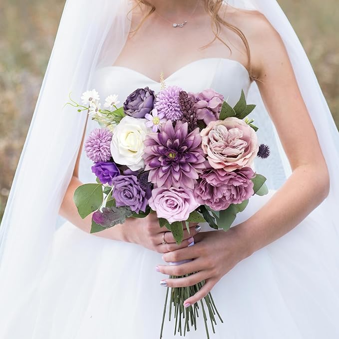 AmyHomie Artificial Purple Flowers Combo Silk Mix Peony Rose Hydrangea Fake - Image 3