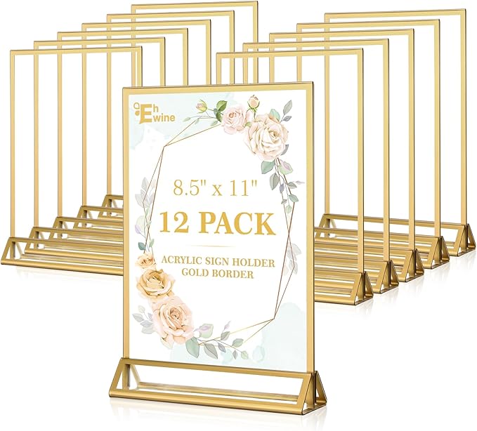 EHWINE 12 Pack Acrylic Sign Holder 8.5 x 11, Double Sided Gold Picture Frame by EHWINE