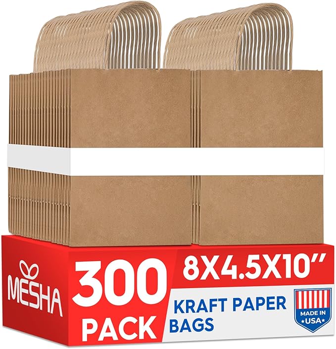 MESHA Gift Paper Bags 300 PACK 8x4.25x10.5'' Brown Medium Shopping Kraft Bags by MESHA