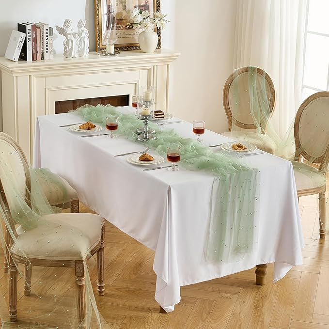 Fanami 1 Pack Pearl Table Runner -10FT Sage Green Boho Tulle Table Runners 120 - Image 5