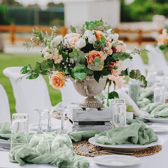 Hahuho Sage Green Cheesecloth Table Runner 10ft, Gauze Boho Rustic Table Runners - Image 5