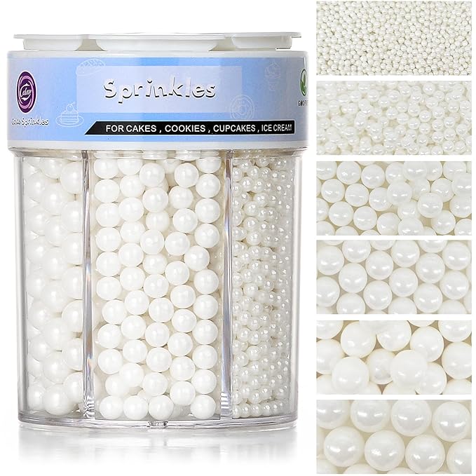 Sprinkles for Cake Decorating, 11Oz White Pearl Sprinkles 6 Sizes Mix for Cake by Kercky