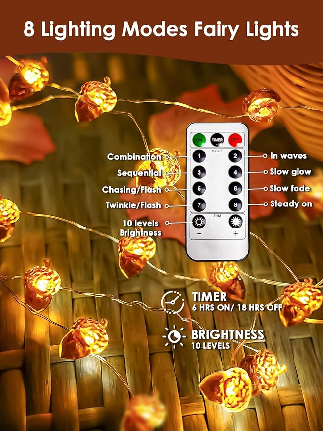 Fall Decorations Acorn Fairy Lights Battery Operated - Image 2