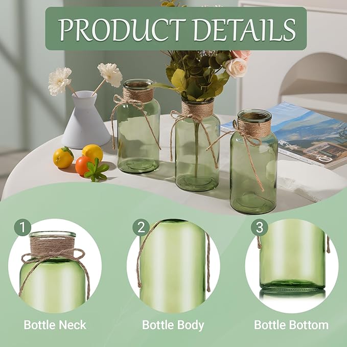 Green Glass Flower Vases for Centerpieces Set of 6, Mason Jars Boho Cylinder - Image 6
