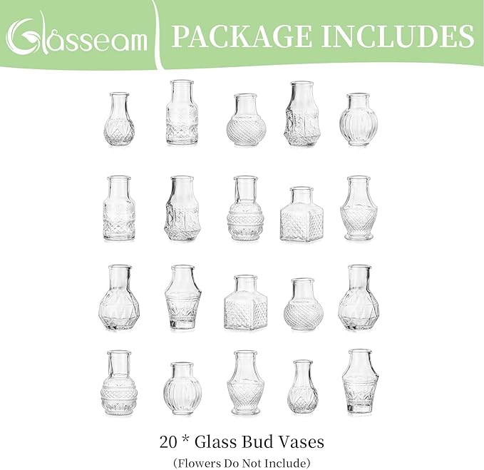 Glasseam Small Bud Vases for Centerpieces: 20PCS Mini Clear Glass Vase Set for - Image 8