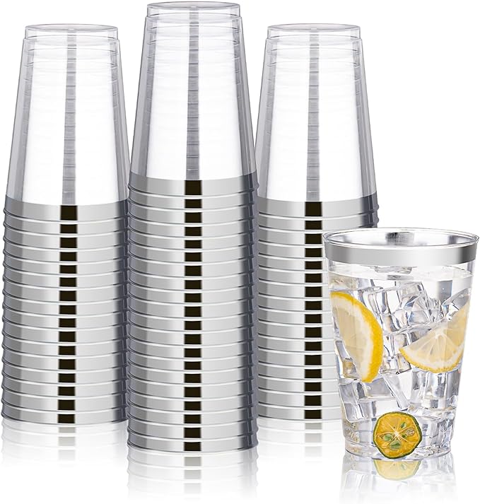 BESTVIP 12oz Silver Plastic Cups, 100 Pack Silver Rimmed Disposable Cups by Bestvip