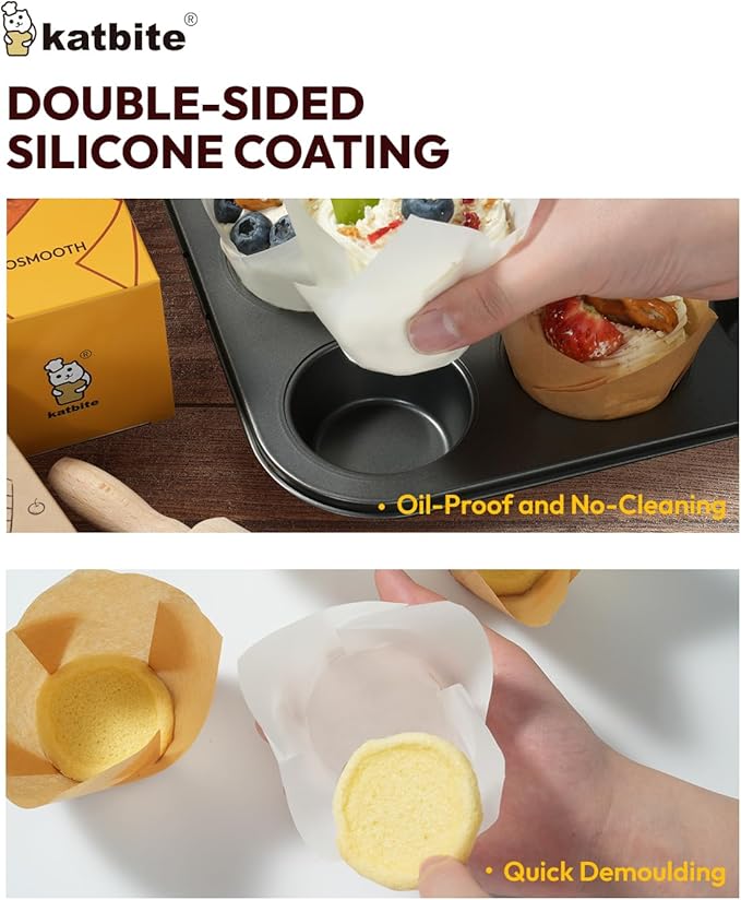 Katbite Tulip Cupcake Liners 200PCS, Muffin Baking Cups ProSmooth White - Image 4