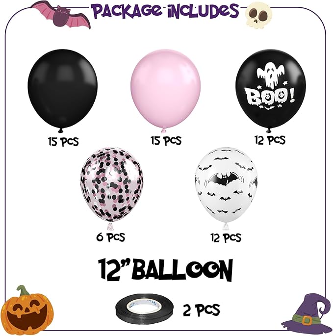 FunHot Halloween Party Balloons, 12 Inch Black Pink Confetti Balloons Bat Ghost - Image 2