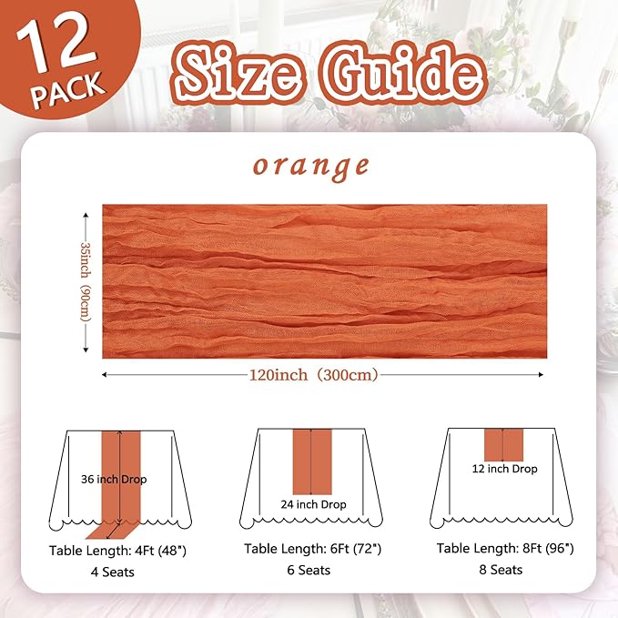 12 Pack Fall Thanksgiving Table Runner Orange 10ft Boho Gauze Fabric - Image 2