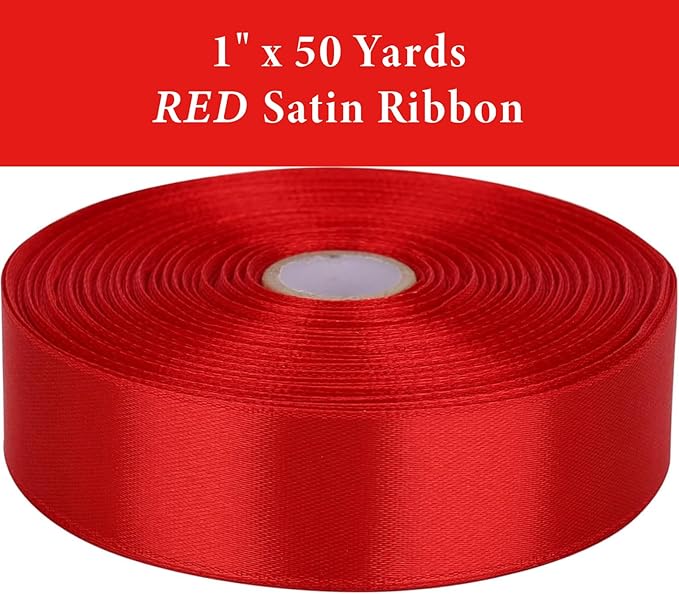 1 Inch Red Satin Ribbon 50 Yards Solid Fabric Ribbons - Image 2