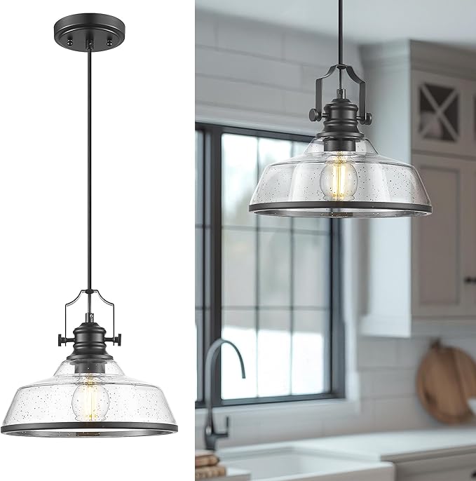 kudos Seeded Glass Pendant Light Kitchen Island, Adjustable Cord, KDPL13-BK-S by kudos